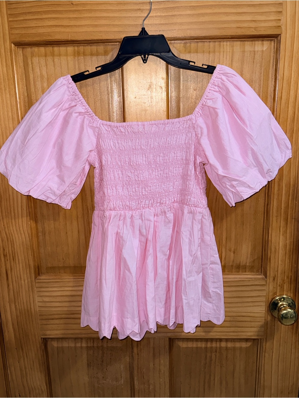 NWT Simply Southern Pink Smocked Square-Neck Puff Sleeve Scalloped Blouse-S - Picture 8 of 13